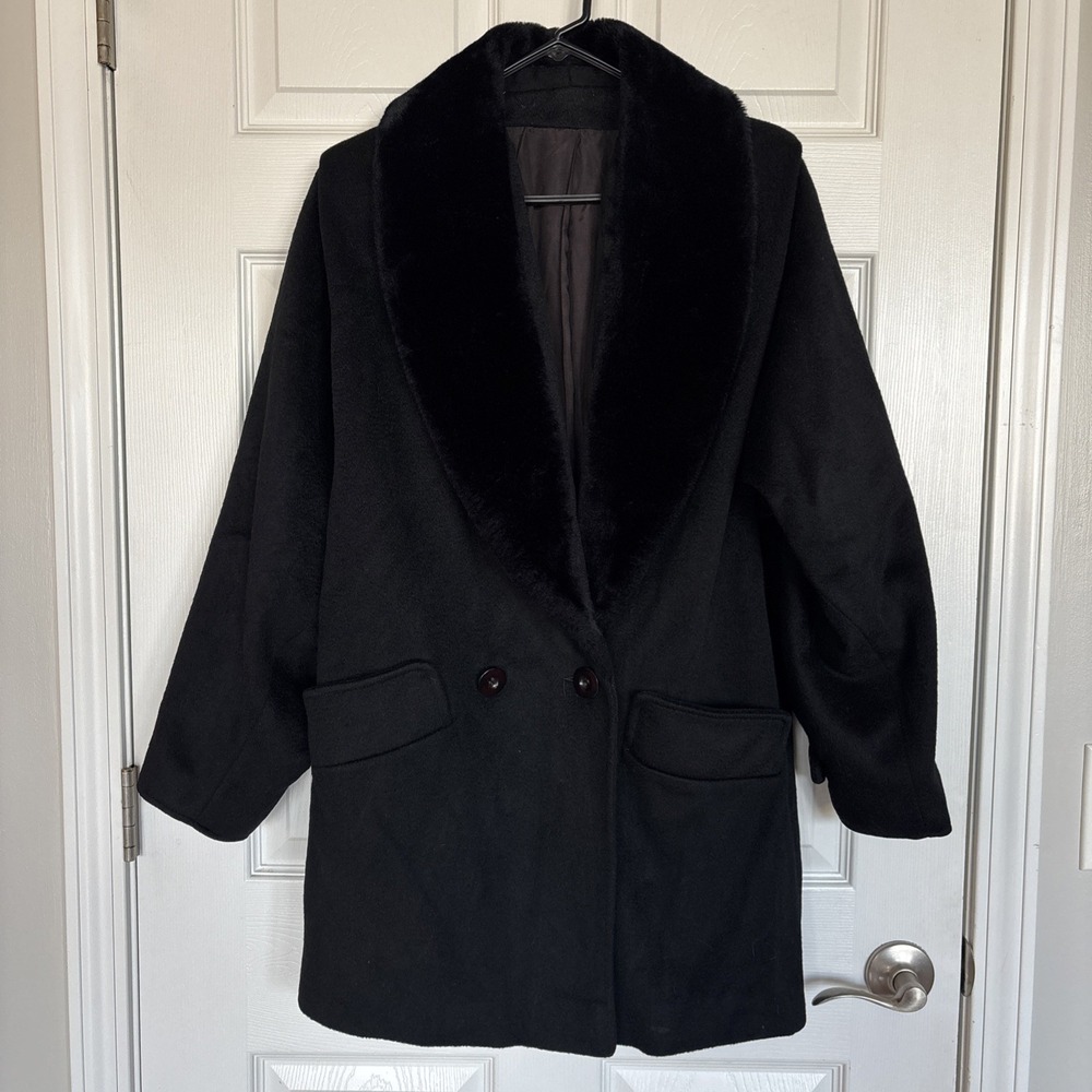 Vtg Womens Wool Black Mid Length Coat Faux Fur Collar Size L Mobwife City Preppy